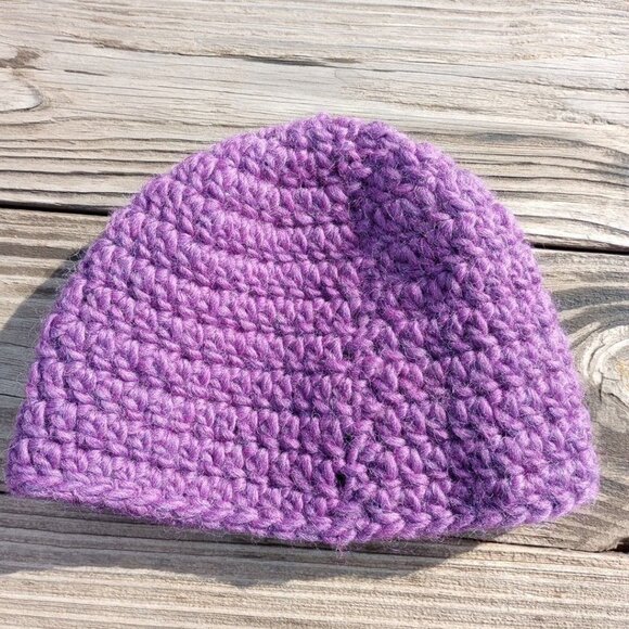 Womens Beanie Cloche Handmade Purple Crochet Hat Gray Brown Flower Pure New Wool - Picture 9 of 11